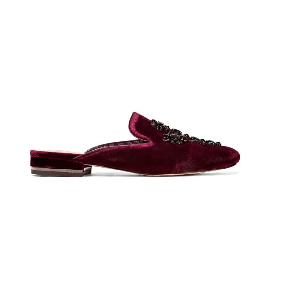 Michael Kors Womens 7.5 Shoes Edie Embellished Velvet Slide Slip-Ons Burgundy - Picture 2 of 14